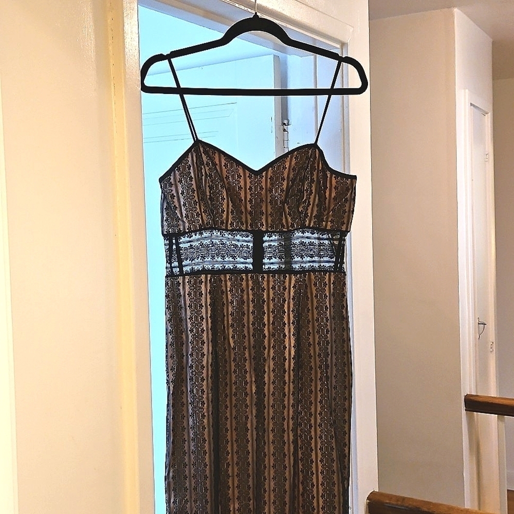 Metallic Light Copper & Black Lace Evening Dress, Vintage Y2K, Sz 9/10